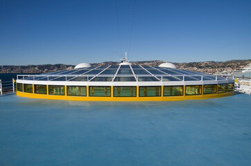 Pooldeck or swimmingpool with sun deck on modern Costa cruiseship or cruise ship liner with sun...