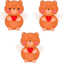 Cartoon colorful teddy bears with cupid wings and hearts template set. Bright St. Valentine's day vector illustration for games, background, pattern, decor. Print for fabrics and other surfaces.