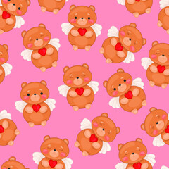 Cartoon colorful teddy bears with cupid wings and hearts seamless pattern template. Bright St. Valentine's day vector illustration on pink background for games, decor. Print for fabrics