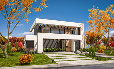 3d rendering of modern cozy house with pool and parking for sale or rent in luxurious style and beautiful landscaping on background. Clear sunny autumn day with golden leaves anywhere