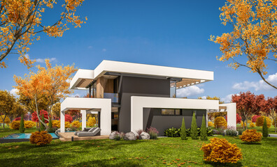 Fototapeta na wymiar 3d rendering of modern cozy house with pool and parking for sale or rent in luxurious style and beautiful landscaping on background. Clear sunny autumn day with golden leaves anywhere
