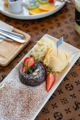 chocolate lava cake with vanilla ice cream, sweet and desserts