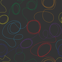seamless pattern with curls and doodle rainbow flowers on dark gray background