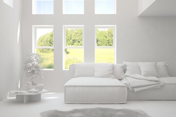 White living room with sofa and summer landscape in window. Scandinavian interior design. 3D illustration