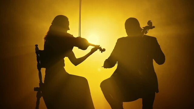 Silhouettes of Professional Musicians Playing Violin and Cello Performing an Entertainment Program on the Stage of a Concert Hall with Smoke and Light Effects on a Dark Background
