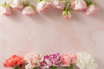 Flower frame. Pink roses and colorful carnations.