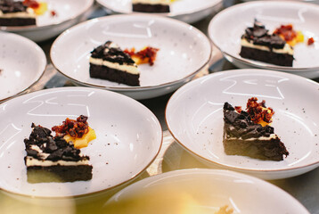 chocolate cake on the plate with decorations