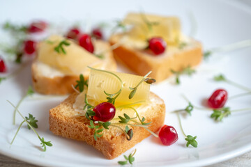 Mini toast with butter, cheese and watercress micro greens on a white plate. Breakfast concept, Macro and blur.