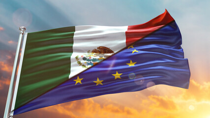 Fototapeta na wymiar European Union Flag and Mexico flag waving with texture sky Cloud and sunset Double flag
