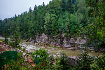 Obraz premium A fast mountainous shallow river rushes over the stones among the mountains, forests and green landscapes. There are tourist trails of the Carpathians