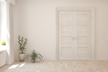 White empty room with door and home plants. Scandinavian interior design. 3D illustration