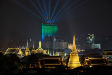 Top view of The Grand Palace and The Emerald Buddha Temple at night time.