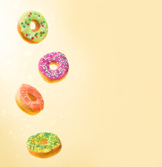 Real Flying donuts. Mix of multicolored doughnuts  on yellow background.