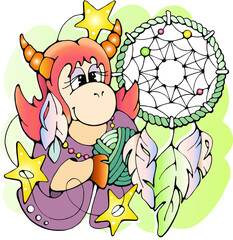 Cartoon Cow character with a dreamcatcher, colorful isolated doodle stock vector illustration