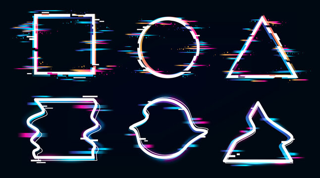 Distorted glitch frame. Glitched circle, square and triangle frames. TV false or spurious electronic signal.