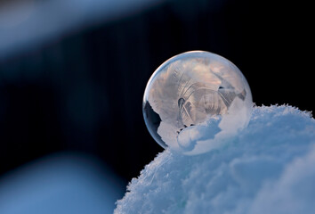 Frozen soap bubble on a snowdrift