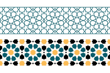 Set of Geometric Islamic horizontal Seamless Patterns or decoration greeting card or interior based on a tenfold traditional rosette. Vector Illustration.