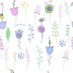 Seamless pattern with blue primroses. Endless texture for floral season design.