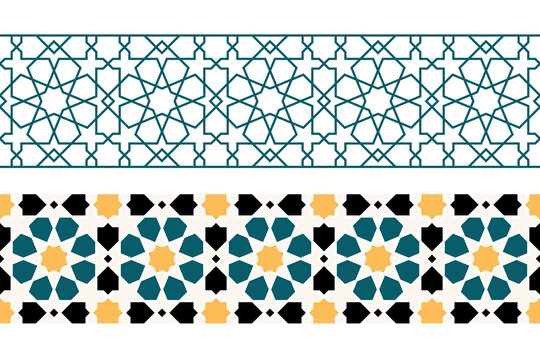 Set of Geometric Islamic horizontal Seamless Patterns or decoration greeting card or interior based on a tenfold traditional rosette. Vector Illustration.
