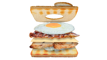 Chicken bacon and egg sandwich with cheese white background