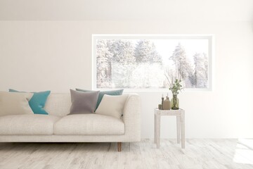 White living room with sofa and winter landscape in window. Scandinavian interior design. 3D illustration