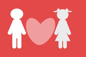 Happy Valentine's Day illustration. Holiday greeting card, poster, banner. Couple in love with heart. Isolated on pink background