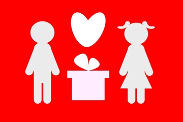 Happy Valentine's Day illustration. Holiday greeting card, poster, banner. Couple in love with heart and gift box. Isolated on pink background