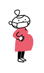 立っているマスク姿の妊娠中の女性　