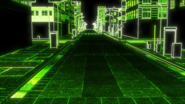 Modern wireframe green lines digital building model Futuristic information concept Construction business Future technology Urban city 4k