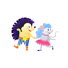 Cartoon hedgehog wearing sneakers dancing with mouse wearing pink skirt. Vector illustration.