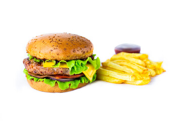 Chicken burger with French fries and red sauce on the white background.