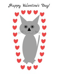 Happy Valentine's Day illustration. Holiday greeting card, poster, banner with text lettering. Cat with hearts. Isolated on white background