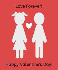 Happy Valentine's Day illustration. Holiday greeting card, poster, banner with text lettering. Couple in love with heart. Love forever. Isolated on pink background