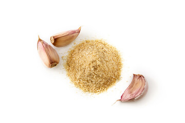 Garlic cloves and garlic powder isolated on white background. Top view