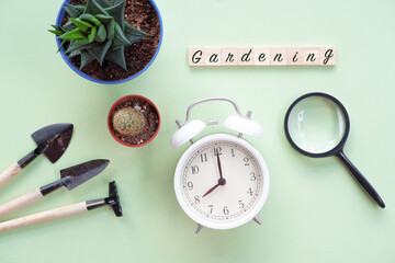 Concept image of gardening hobby. Tools with vintage clock watch in the morning with some indoor plant over green background.