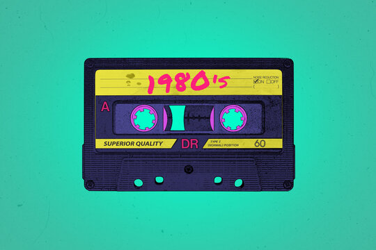 A retro 1980's themed vibrant neon synthwave style audio cassette illustration background with copy space