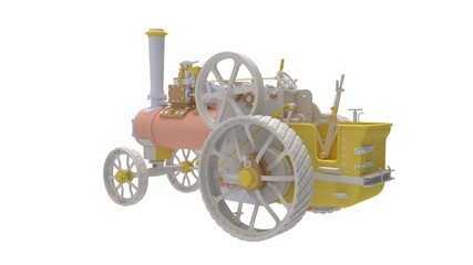 Fototapeta na wymiar Steam engine tractor 3D rendering of a vintage historic mechanical car isolated on white background.