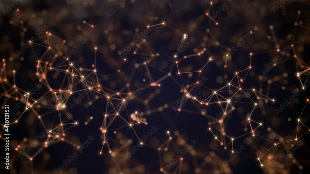 Poster 3d animation with plexus effects. dots and lines connected with extremely shallow depth of field.