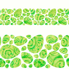Watercolor green eggs on white background. Bright Easter seamless border. Isolated on white background. Hand-painted texture with spiral, splashes, drops, gradients. Watercolor stock illustration.