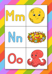 English alphabet with cartoon characters. Flash cards. Vector set. Bright color style. Learn ABC. Lowercase and uppercase letters.