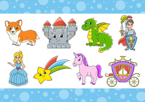 Set of stickers with cute cartoon characters. Fantasy clipart. Hand drawn. Colorful pack. Vector illustration. Patch badges collection for kids. For daily planner, organizer, diary.