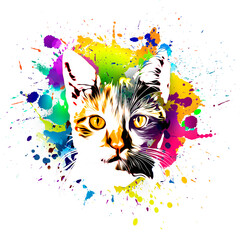 hand drawn cat with colorful splashes