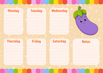 School schedule. Timetable for schoolboys. Empty template. Weekly planer with notes. Isolated color vector illustration. Cartoon character.