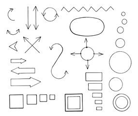 A collection of symbols for infographics. Arrows, frames, lines and circles in and abstract doodle writing design set. Stylish Vector hand-written illustration on white. 