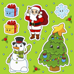 Set of stickers with cute cartoon characters. Christmas theme. Hand drawn. Colorful pack. Vector illustration. Patch badges collection. Label design elements. For daily planner, diary, organizer.