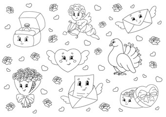Coloring book for kids. Valentine's Day clipart. Cheerful characters. Vector illustration. Cute cartoon style. Black contour silhouette. Isolated on white background.
