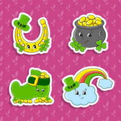 Set of bright color stickers for kids. St. Patrick's day. Cute cartoon characters. Vector illustration isolated on color background.