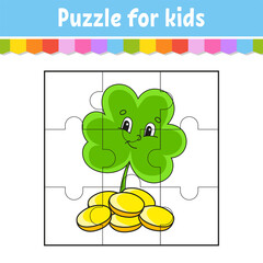Puzzle game for kids. Jigsaw pieces. Color worksheet. Activity page. St. Patrick's day. Isolated vector illustration. Cartoon style.