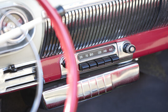 Selective focus shot of the radio of a vintage car