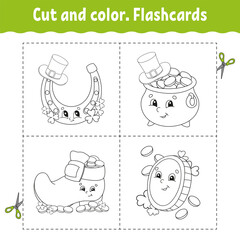 Cut and color. Flashcard Set. Coloring book for kids. Cute cartoon character. Black contour silhouette. St. Patrick's day. Isolated on white background.